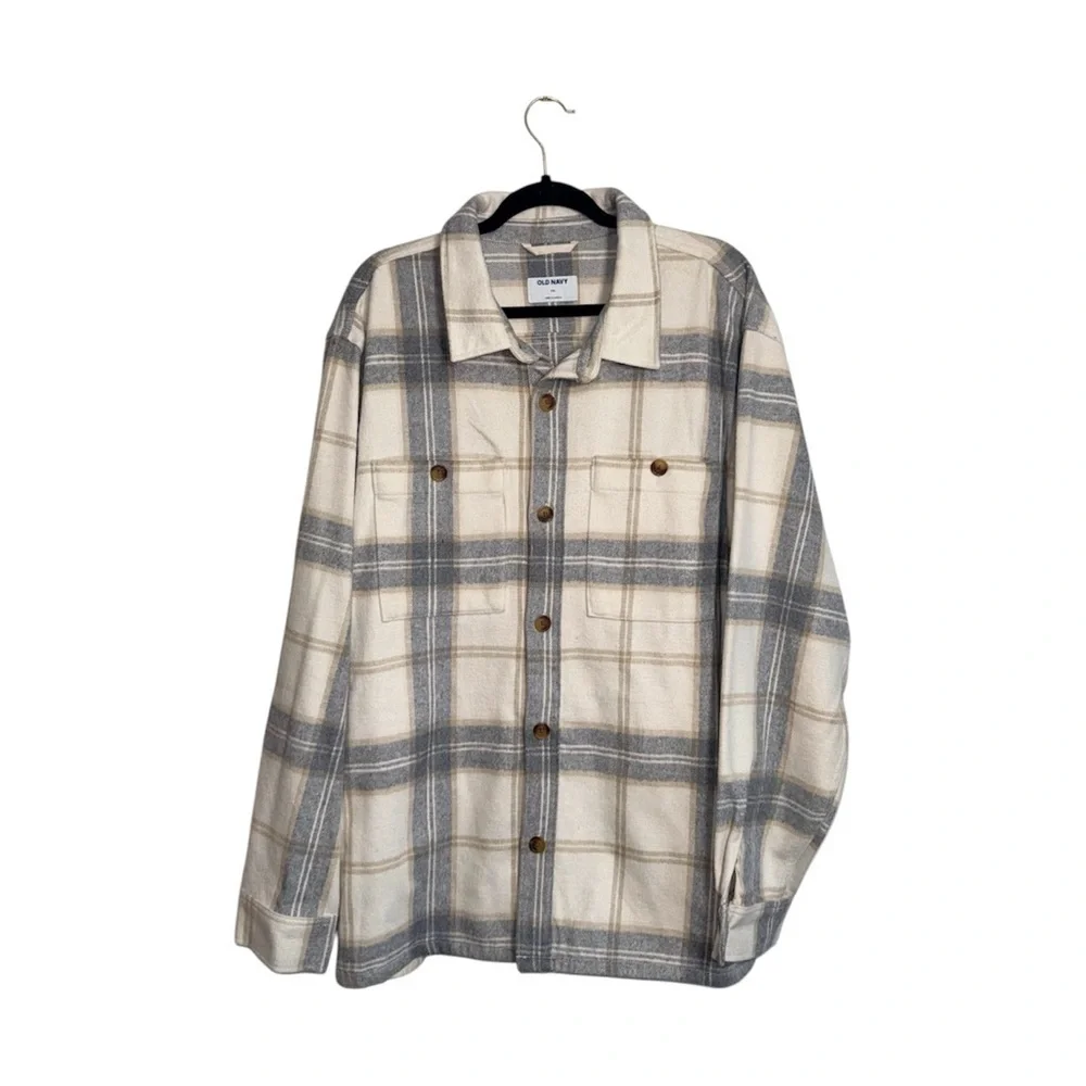 Old Navy Soft Brushed Plaid Shacket Cream & Gray Oversized Jacket XXlarge Men’s